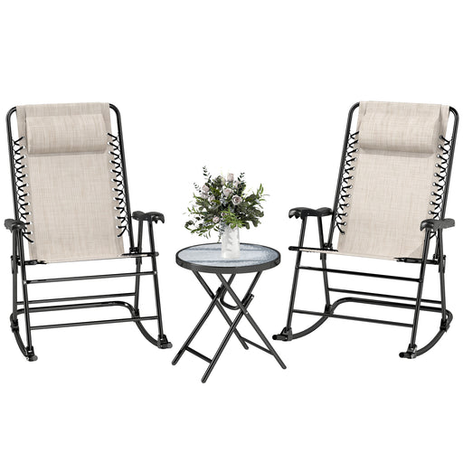 Outsunny - 3pc Patio Rocking Chair Set, Folding Outdoor Rocking Chairs and Table Bistro Set w/ Breathable Mesh Seat & Backrest, Headrest for Park, Backyard, Garden, Cream White