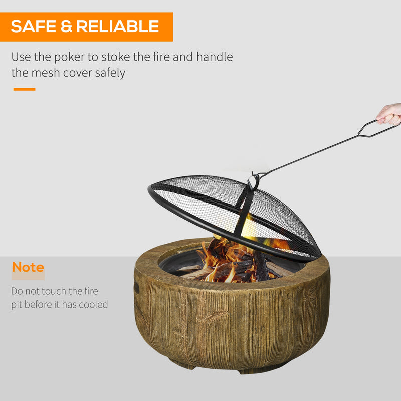 Outsunny - Outdoor Fire Pit, 24 Inch Metal Wood Burning Fireplace with Spark Cover, Poker, Woodgrain Design, Light Brown
