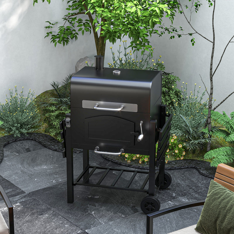 Outsunny - Charcoal Smoker Adjustable Height, Folding Shelves, Thermometer, and Wheels, Black