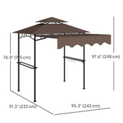 Outsunny - 8' x 7.6' Grill Gazebo, Double Tiered Barbecue Grill Gazebo Shelter w/ Side Awning, 2 Side Shelves, 6 Hooks, Brown