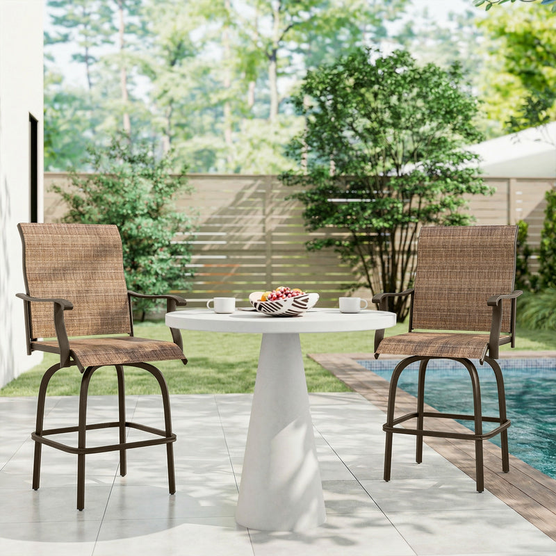 Outsunny - Outdoor Bar Stools Set of 2, Swivel Bar Height Chairs with High Back, Curved Armrests and Steel Frame for Balcony, Brown
