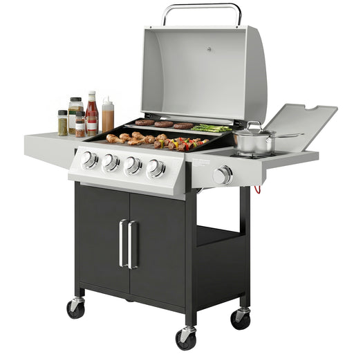 Outsunny - 4+1 Burner Liquid Propane Gas Grill, Outdoor Portable BBQ Grill with Side Burner, Warming Rack, Side Shelf