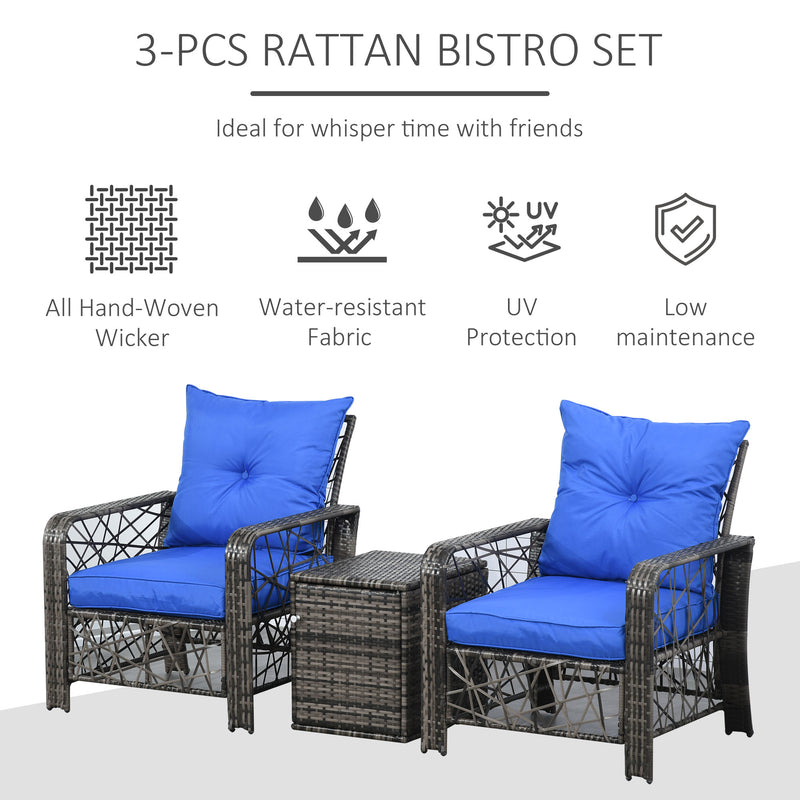Outsunny - 3 Pieces Wicker Patio Furniture Set, Rattan Bistro Set with Storage Coffee Table and Thickened Cushions, Outdoor Conversation Set for Garden, Porch, Balcony, Blue