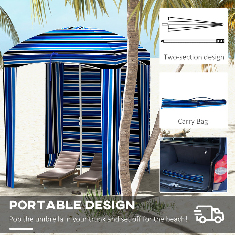 Outsunny - 70.1" L x 70.1" W Cabana Umbrella with Walls, Vents, Ruffles, Carry Bag, Beach Umbrella, Blue Stripe — 84D-307V00MX