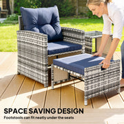 Outsunny - 5 Piece Patio Furniture Set, Wicker Patio Chairs with Ottomans, 2-Tier Glass Coffee Table and Cushions, Grey/Dark Blue