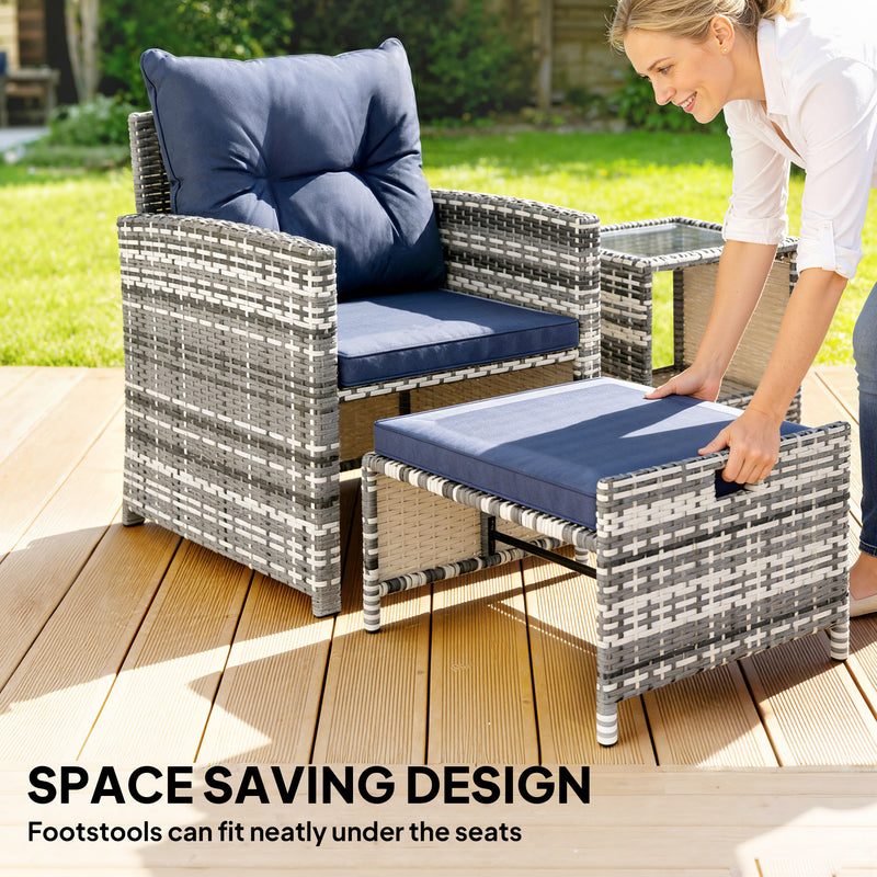 Outsunny - 5 Piece Patio Furniture Set, Wicker Patio Chairs with Ottomans, 2-Tier Glass Coffee Table and Cushions, Grey/Dark Blue