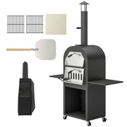 Outsunny - Outdoor Wood Fired Pizza Oven with Side Shelves and Open Cabinet, Pizza Maker on Wheels with Thermometer, Stone, Peel