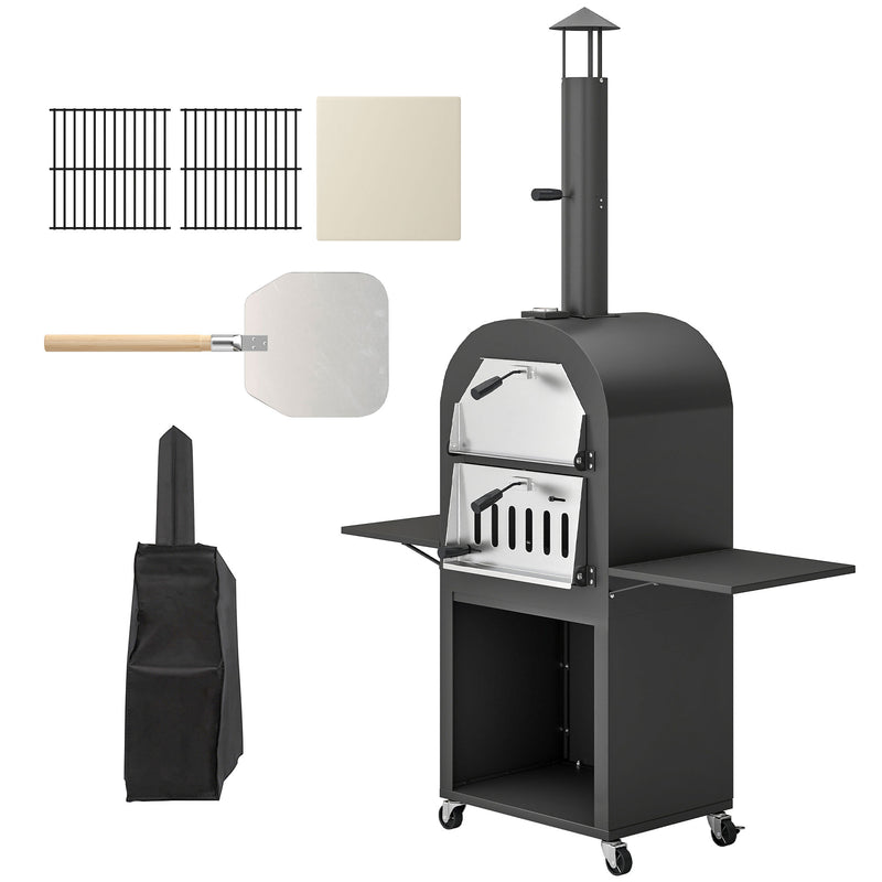 Outsunny - Outdoor Wood Fired Pizza Oven with Side Shelves and Open Cabinet, Pizza Maker on Wheels with Thermometer, Stone, Peel