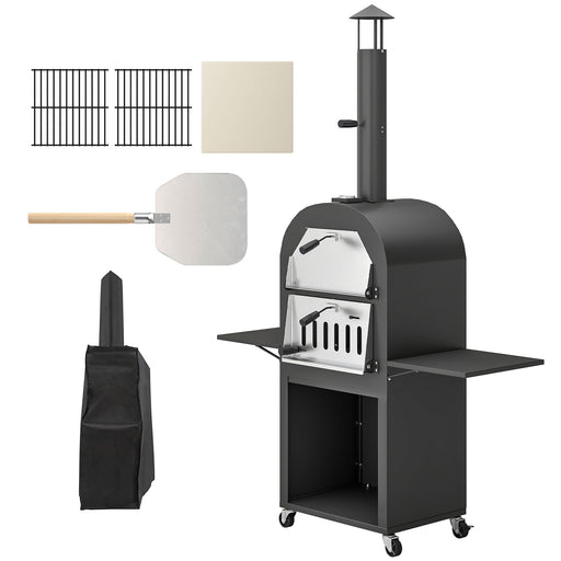 Outsunny - Outdoor Wood Fired Pizza Oven with Side Shelves and Open Cabinet, Pizza Maker on Wheels with Thermometer, Stone, Peel