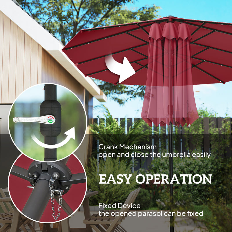 Outsunny - 173.2" Double-Sided Sun Umbrella Garden Parasol Patio Sun Shade Outdoor with LED Solar Light, No Base Included, Wine Red — 84D-106WR