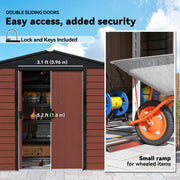 8' x 7' Outdoor Storage Shed, Galvanized Steel Metal Garden Shed with Lockable Doors, Floor Frame, Vents, Lock and Gloves for Backyard, Lawn, Patio, Teak