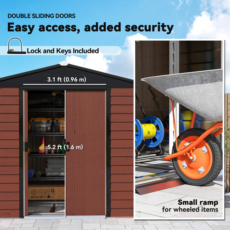 8' x 7' Outdoor Storage Shed, Galvanized Steel Metal Garden Shed with Lockable Doors, Floor Frame, Vents, Lock and Gloves for Backyard, Lawn, Patio, Teak