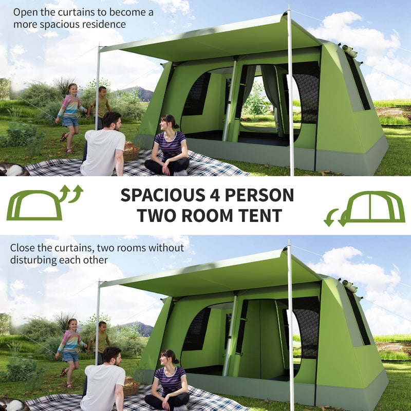 Outsunny - Tunnel Tent Camping Shelter w/ Porch, Two Rooms, Lamp Hook, Portable Carry Bag, Green