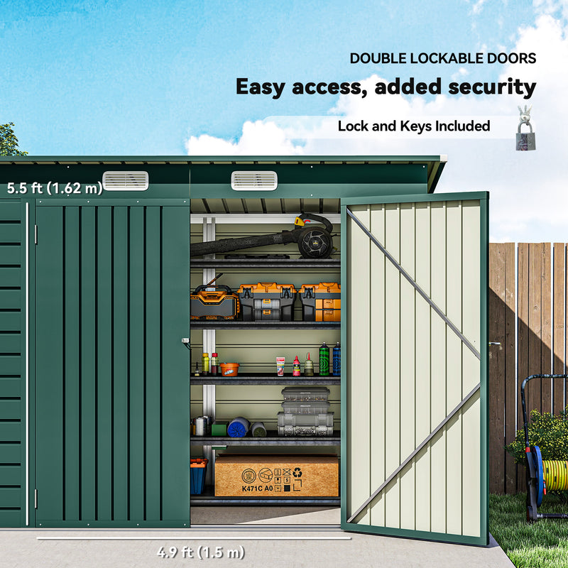 8 x 4FT Galvanized Garden Storage Shed, Metal Outdoor Shed with Double Doors and 2 Vents, Green