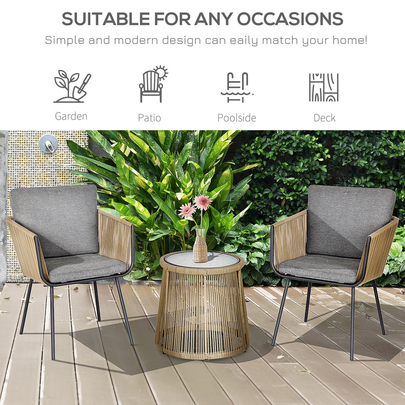 Outsunny - 3 Pieces Wicker Patio Furniture Set, Rattan Bistro Set with Coffee Table and Cushions, Outdoor Conversation Set for Garden, Porch, Balcony, Grey