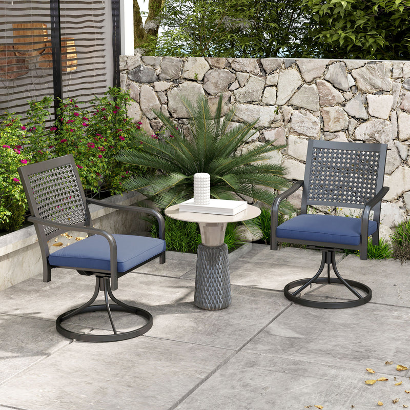 Outsunny - 2 Pieces Patio Swivel Chairs with Cushion, Outdoor Swivel Rocker with Curved Armrests, Backrest for Garden, Balcony, Porch, Navy Blue