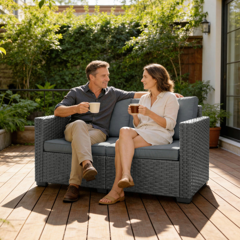 Outsunny - 2 Seater Outdoor Couch Patio Sofa with Deep Seat, Cushions, Wide Armrests for Garden, Balcony, Porch, Dark Grey