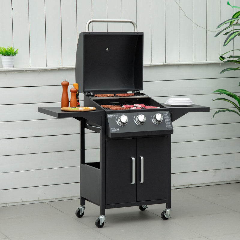 Outsunny - Outdoor 3 Burner Gas Grill Portable Barbecue w/ Wheels, Warming Rack, Shelves, Cabinet, Thermometer, Black