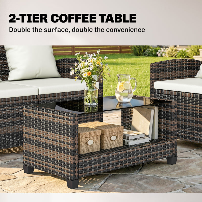 Outsunny - 4-Piece Outdoor Wicker Patio Furniture Conversation Set, Includes Loveseat, Chairs and 2-Tier Table with Cushions, Modern Rattan Sofa Set for Backyard, Beige