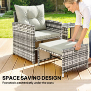 Outsunny - 5 Piece Patio Furniture Set, Wicker Patio Chairs with Ottomans, 2-Tier Glass Coffee Table and Cushions, Grey/Cream White