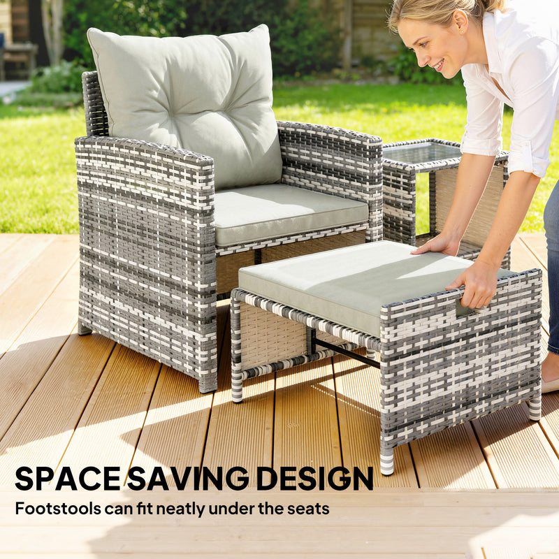 Outsunny - 5 Piece Patio Furniture Set, Wicker Patio Chairs with Ottomans, 2-Tier Glass Coffee Table and Cushions, Grey/Cream White
