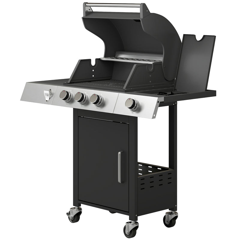 Outsunny - 3 Burner Propane Gas Grill with Side Burner, 36,000 BTU BBQ Grill with Cast Iron Grates, Wheels, Warming Rack, Cabinet