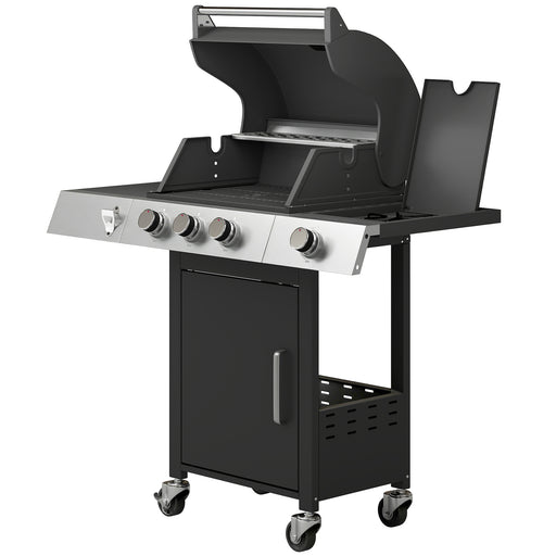 Outsunny - 3 Burner Propane Gas Grill with Side Burner, 36,000 BTU BBQ Grill with Cast Iron Grates, Wheels, Warming Rack, Cabinet