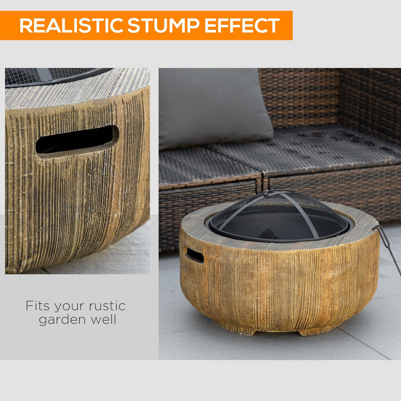Outsunny - Outdoor Fire Pit, 24 Inch Metal Wood Burning Fireplace with Spark Cover, Poker, Woodgrain Design, Light Brown