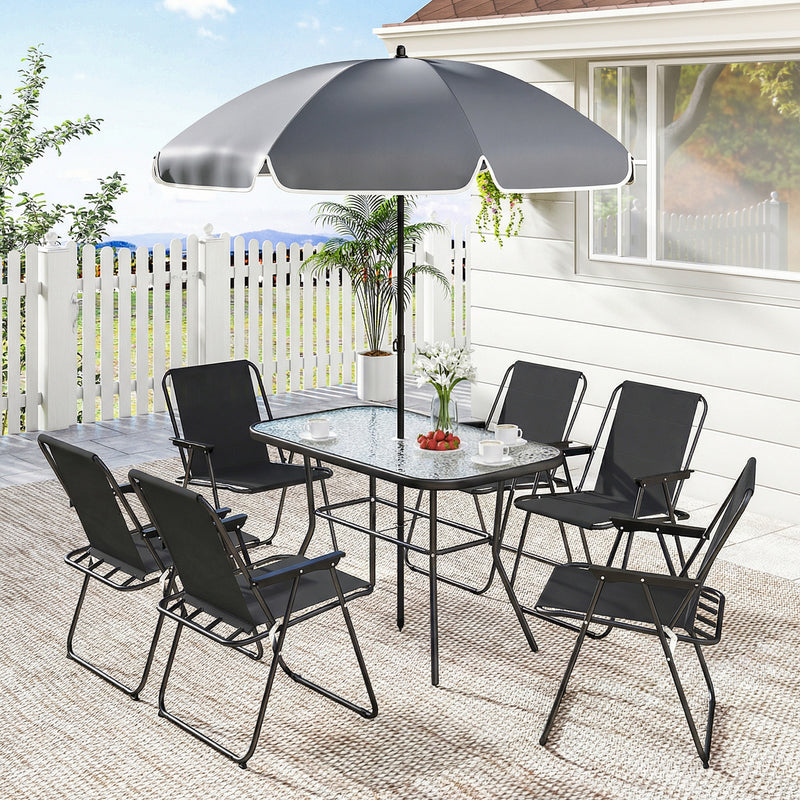 Outsunny - 8 Piece Patio Table and Chairs Set with Folding Chairs, Tempered Glass Tabletop and Umbrella for Garden, Black
