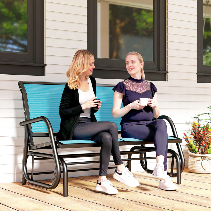 Outsunny - Outdoor Glider Bench, 2 Person Patio Glider Chair, Gliding Outdoor Garden Loveseat Swing Bench with Breathable Mesh Fabric, Steel Frame for Backyard, Porch, Blue
