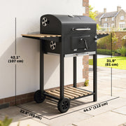 Outsunny - 20" Charcoal BBQ Grill Barbecue on Wheels with Adjustable Charcoal Pan, Spacious Cooking Area, 3 Shelves, Thermometer