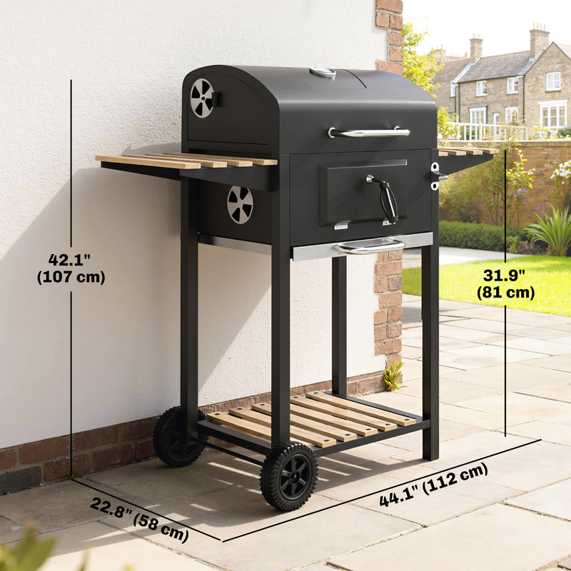 Outsunny - 20" Charcoal BBQ Grill Barbecue on Wheels with Adjustable Charcoal Pan, Spacious Cooking Area, 3 Shelves, Thermometer