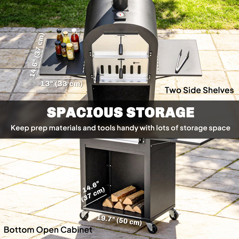 Outsunny - Outdoor Wood Fired Pizza Oven with Side Shelves and Open Cabinet, Pizza Maker on Wheels with Thermometer, Stone, Peel