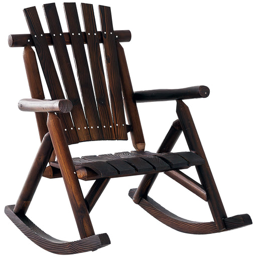 Outsunny - Outdoor Rocking Chair, Wooden Adirondack Outdoor Rocker with High Back, Slatted Seat, Oversized Rustic Patio Rocking Chair for Garden, Porch, Yard, Balcon, Dark Carbonized