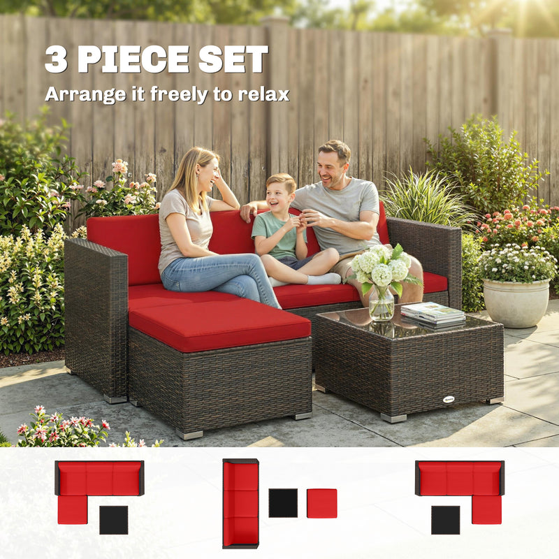 Outsunny - 3 Pieces Patio Furniture Set with Cushions, Outdoor PE Rattan Wicker Conversation Corner Sofa Set with Glass Top Table