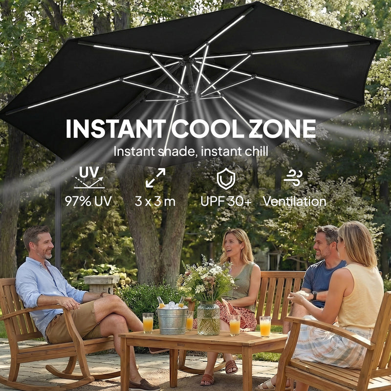 10 ft Offset Patio Umbrella with Solar Light, Garden Hanging Parasol with 360° Rotation, Tilt, Cover, Black