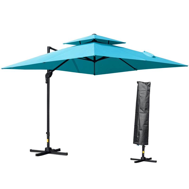 Outsunny - 10' x 10' Cantilever Patio Umbrella, Double Top Square Offset Umbrella with 360° Rotation, 5 Adjustable Tilt Angles, Umbrella Cover, Aluminum Pole and Ribs, Light Blue