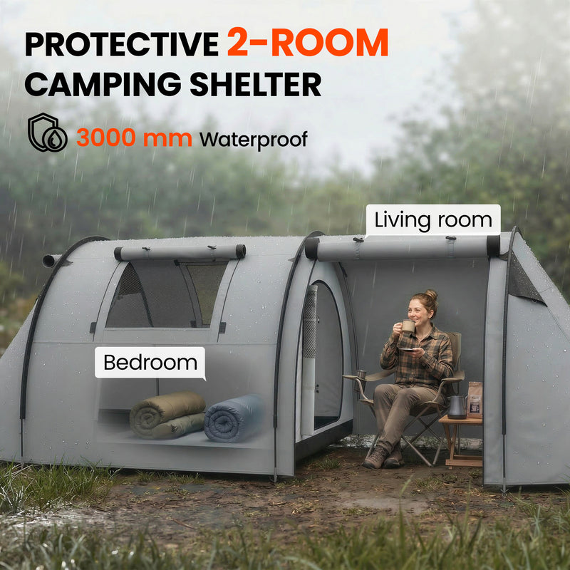 Outsunny - 3-4 Person Camping Tent with 2 Rooms, 3000mm Waterproof Portable Family Tent with Carry Bag, Grey