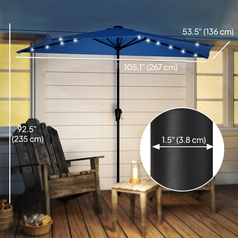 Half Outdoor Patio Umbrella with Solar LED Lights Half Umbrella with Crank 105.1" x 53.5" Navy Blue