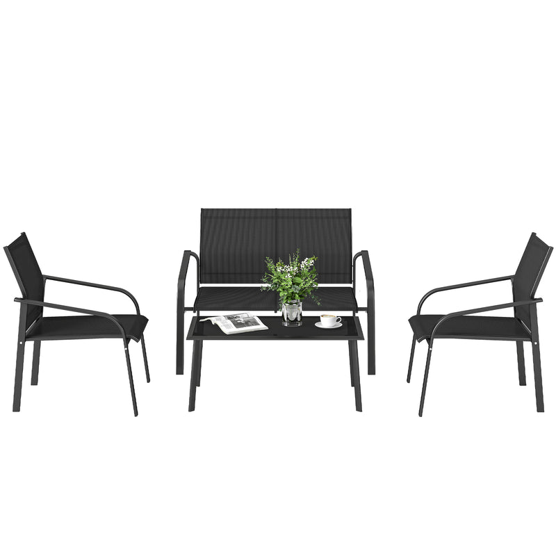 Outsunny - 4 Piece Patio Furniture Set, Outdoor Conversation Set with Deep Seat, Loveseats, Armchairs, Glass-Top Table, Black