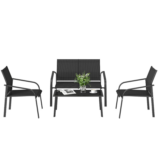 Outsunny - 4 Piece Patio Furniture Set, Outdoor Conversation Set with Deep Seat, Loveseats, Armchairs, Glass-Top Table, Black