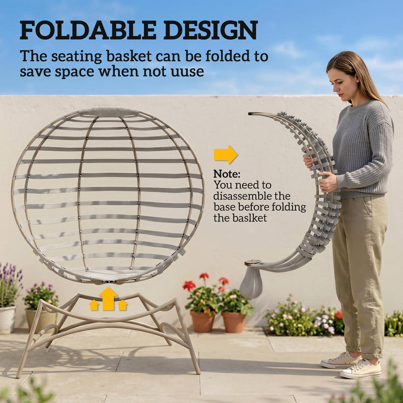 Outsunny - Egg Chair, Patio Lounge Chair, Foldable Basket Chair with Large Seat Cushion, Side Pocket, Light Grey