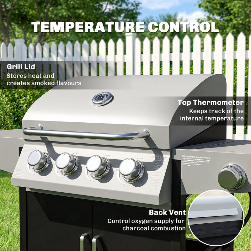 Outsunny - 4+1 Burner Liquid Propane Gas Grill, Outdoor Portable BBQ Grill with Side Burner, Warming Rack, Side Shelf
