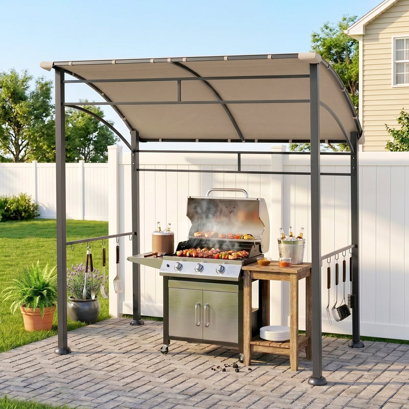 Outsunny - 7' x 5' BBQ Grill Gazebo Tent, Garden Grill Canopy with Steel Frame and Hooks, Outdoor Sun Shade, Khaki