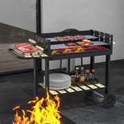 Outsunny - Charcoal Grill,Barbecue Trolley with Double Adjustable Grill, Side Table, Storage Shelf and Wheels, Black