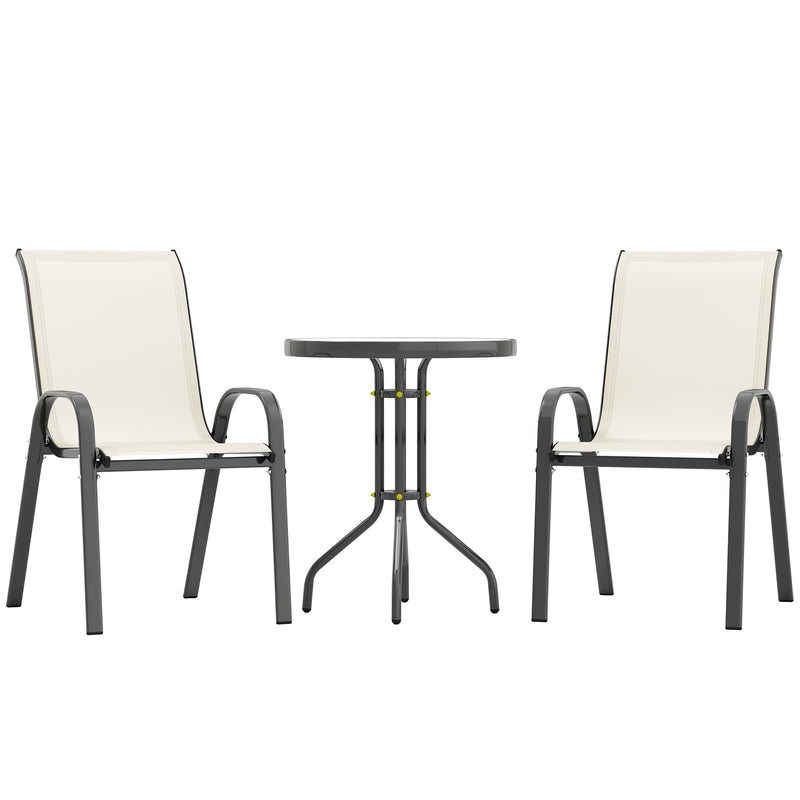 Outsunny - 3 Pieces Bistro Set, Small Patio Furniture Set with Stackable Mesh Chairs, Glass Table for Garden, Balcony, Beige