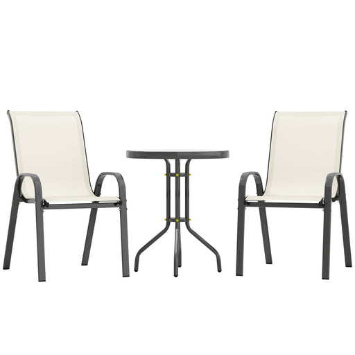 Outsunny - 3 Pieces Bistro Set, Small Patio Furniture Set with Stackable Mesh Chairs, Glass Table for Garden, Balcony, Beige
