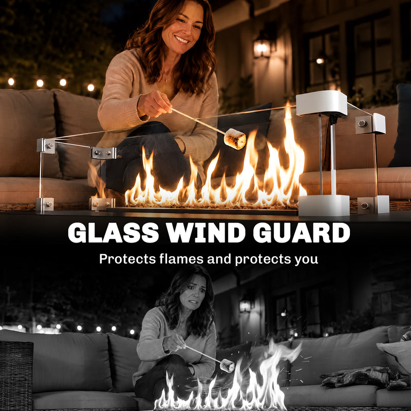 Outsunny - Propane Gas Fire Pit Table, Outdoor Firepit with 43" Steel Tabletop and Lid, 50,000 BTU Pulse Ignition Fire Table w/ Stainless Steel Burner, Glass Wind Guard, and Cover