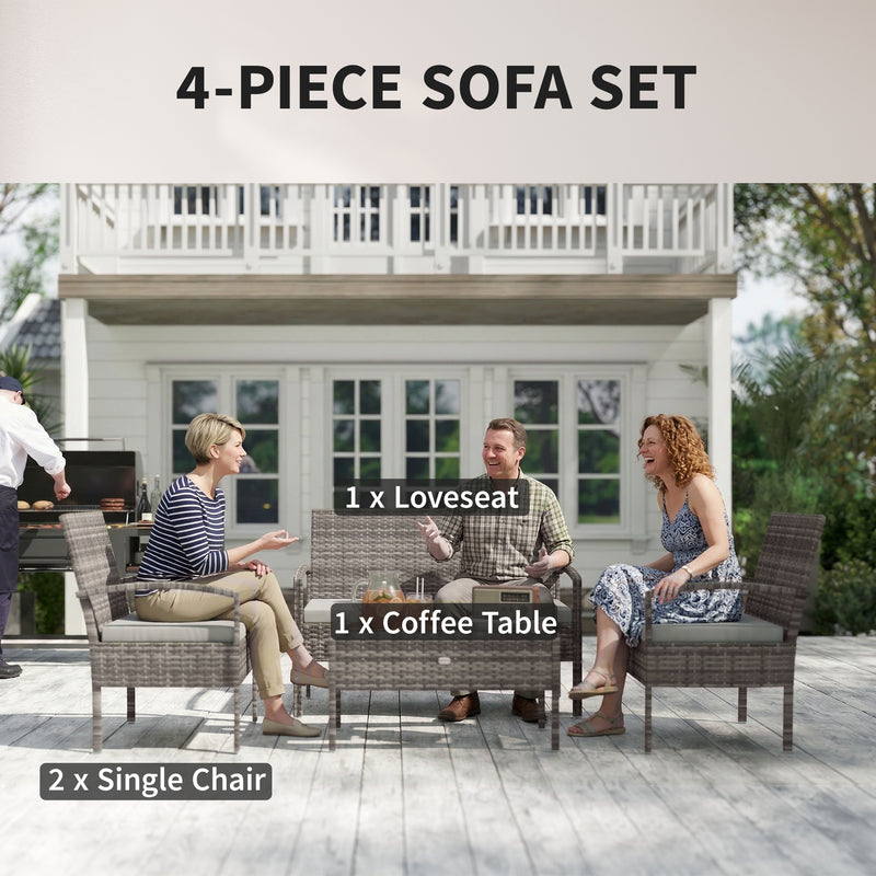 Outsunny - 4 Pieces Patio Furniture Set with A Loveseat, Two Armchairs and A Coffee Table, Outdoor Conversation Set, Light Grey