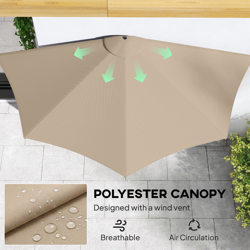 Outsunny - 9.8ft Half Umbrella Semi Round Patio Parasol with Crank Handle, Top Vent for Garden, Balcony - NO BASE INCLUDED, Coffee — 84D-008V00CF